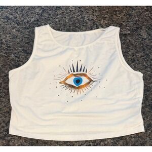 White Evil Eye Graphic Crop Top Tank Sleeveless Gold Foil Detail Womens L